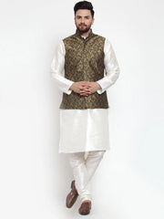Men's Solid Dupion Kurta Pajama with Woven Jacquard Style Waistcoat
