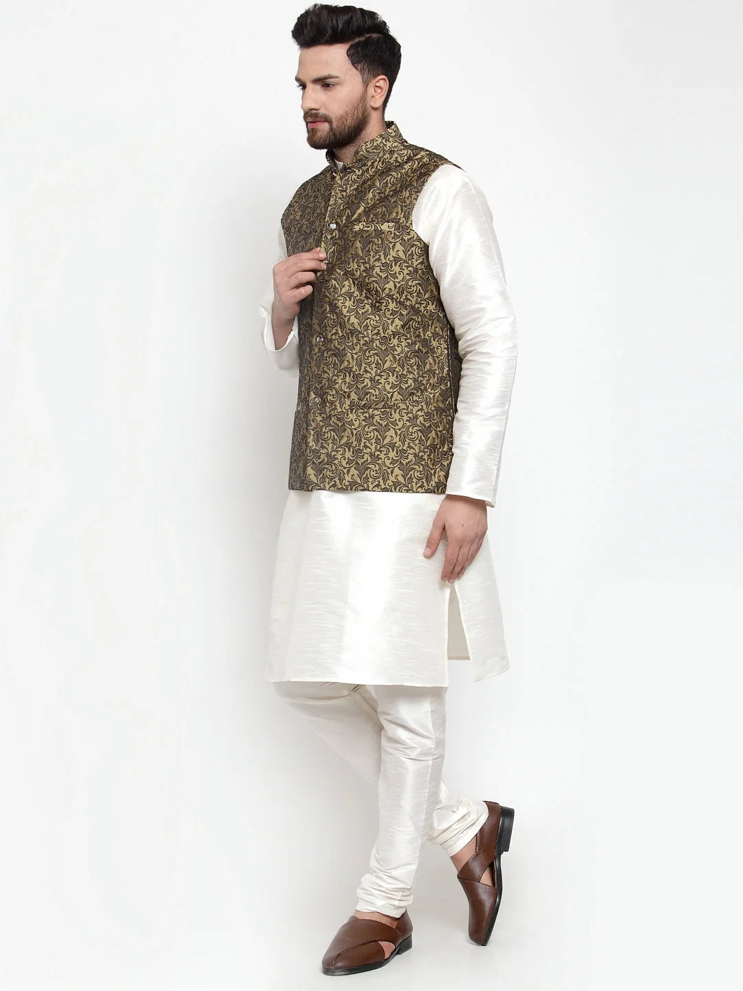 Mens Kurta Pajama Set - Silk with Golden Jacquard Waistcoat