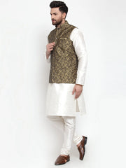 Men's Solid Dupion Kurta Pajama with Woven Jacquard Style Waistcoat