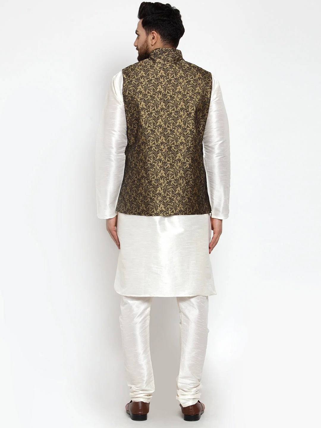 Mens Kurta Pajama Set - Silk with Golden Jacquard Waistcoat