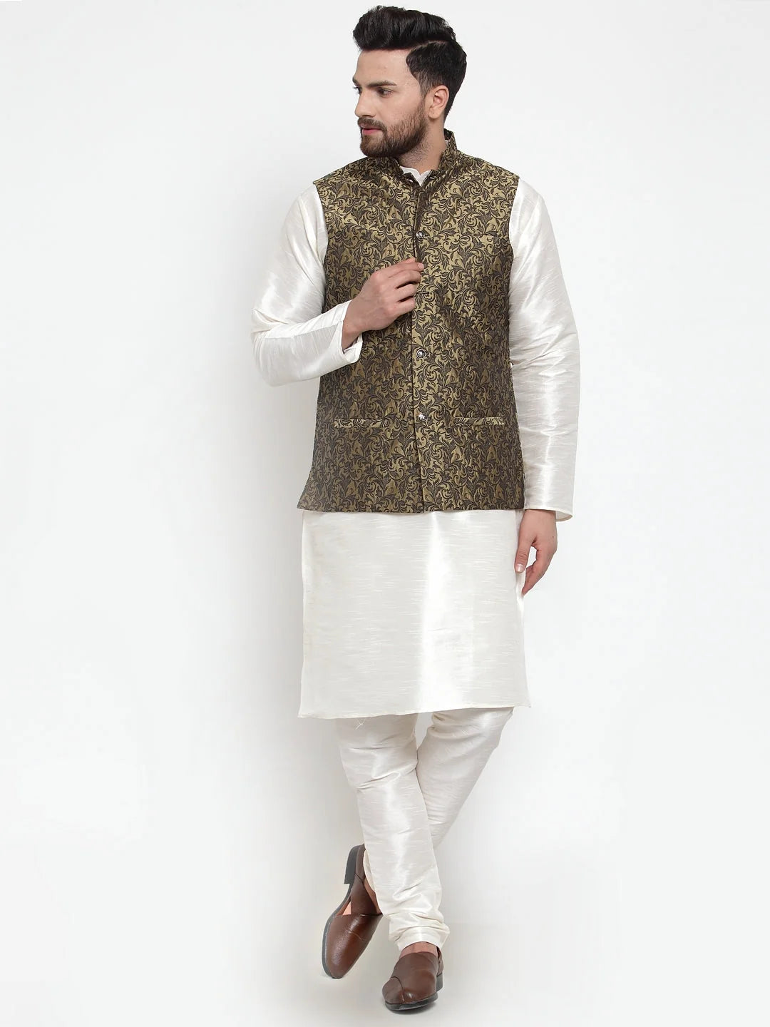 Mens Kurta Pajama Set - Silk with Golden Jacquard Waistcoat