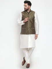 Men's Solid Dupion Kurta Pajama with Woven Jacquard Style Waistcoat