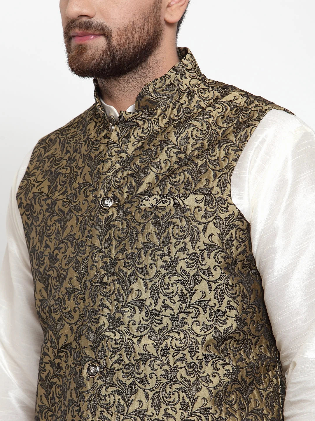 Mens Kurta Pajama Set - Silk with Golden Jacquard Waistcoat