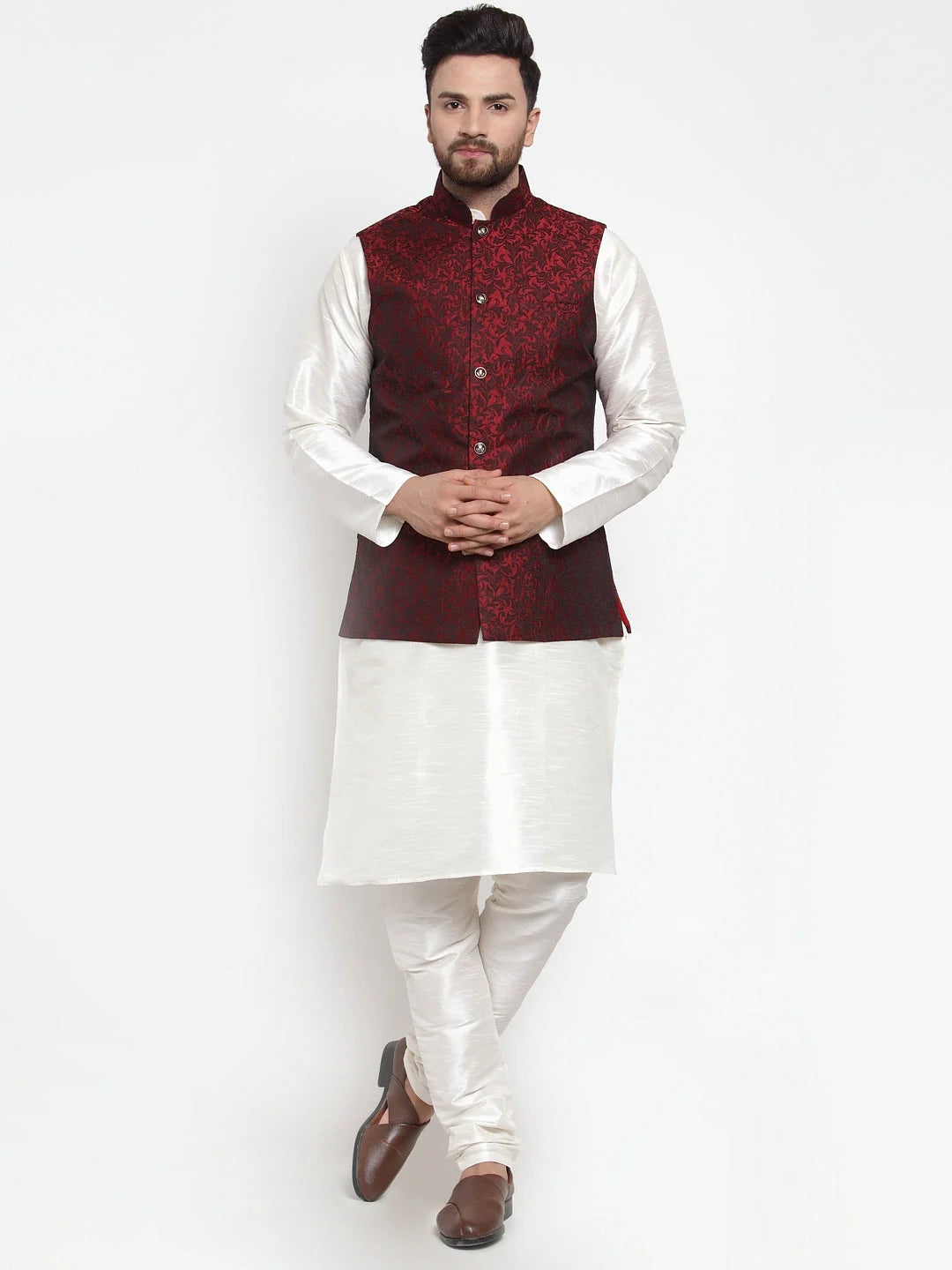 Men's Solid Dupion Kurta Pajama with Jacquard Waistcoat