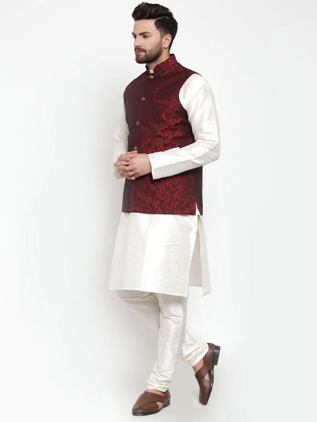Mens Kurta Pajama Set - Dupion with Maroon Jacquard Waistcoat