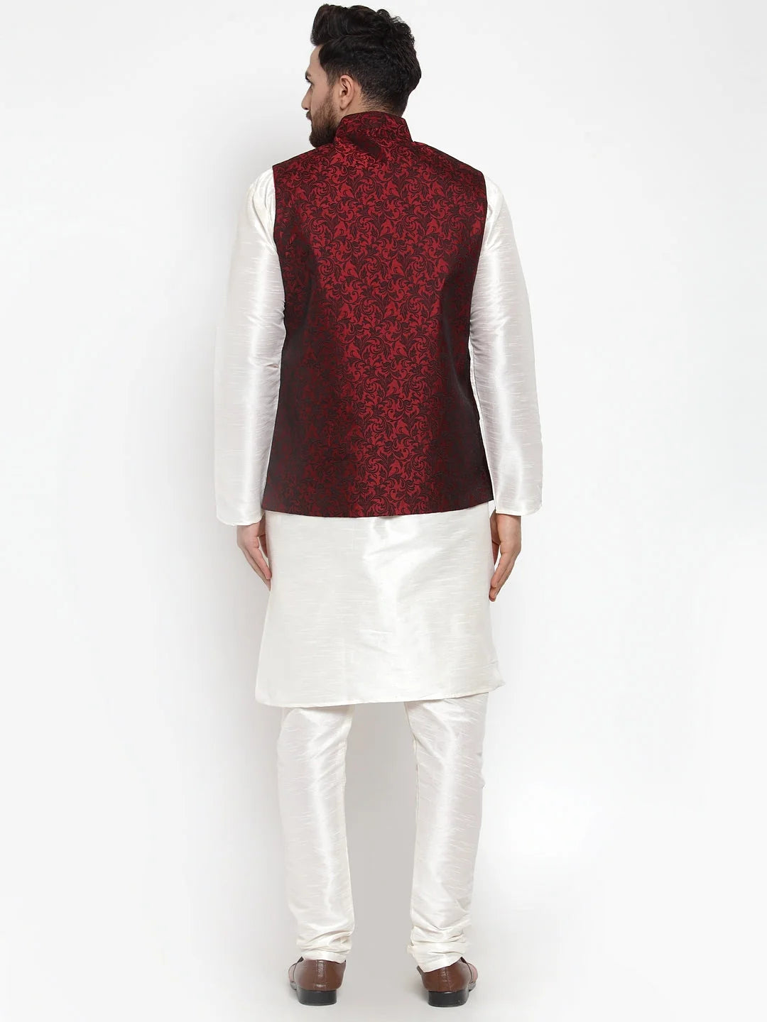 Mens Kurta Pajama Set - Dupion with Maroon Jacquard Waistcoat