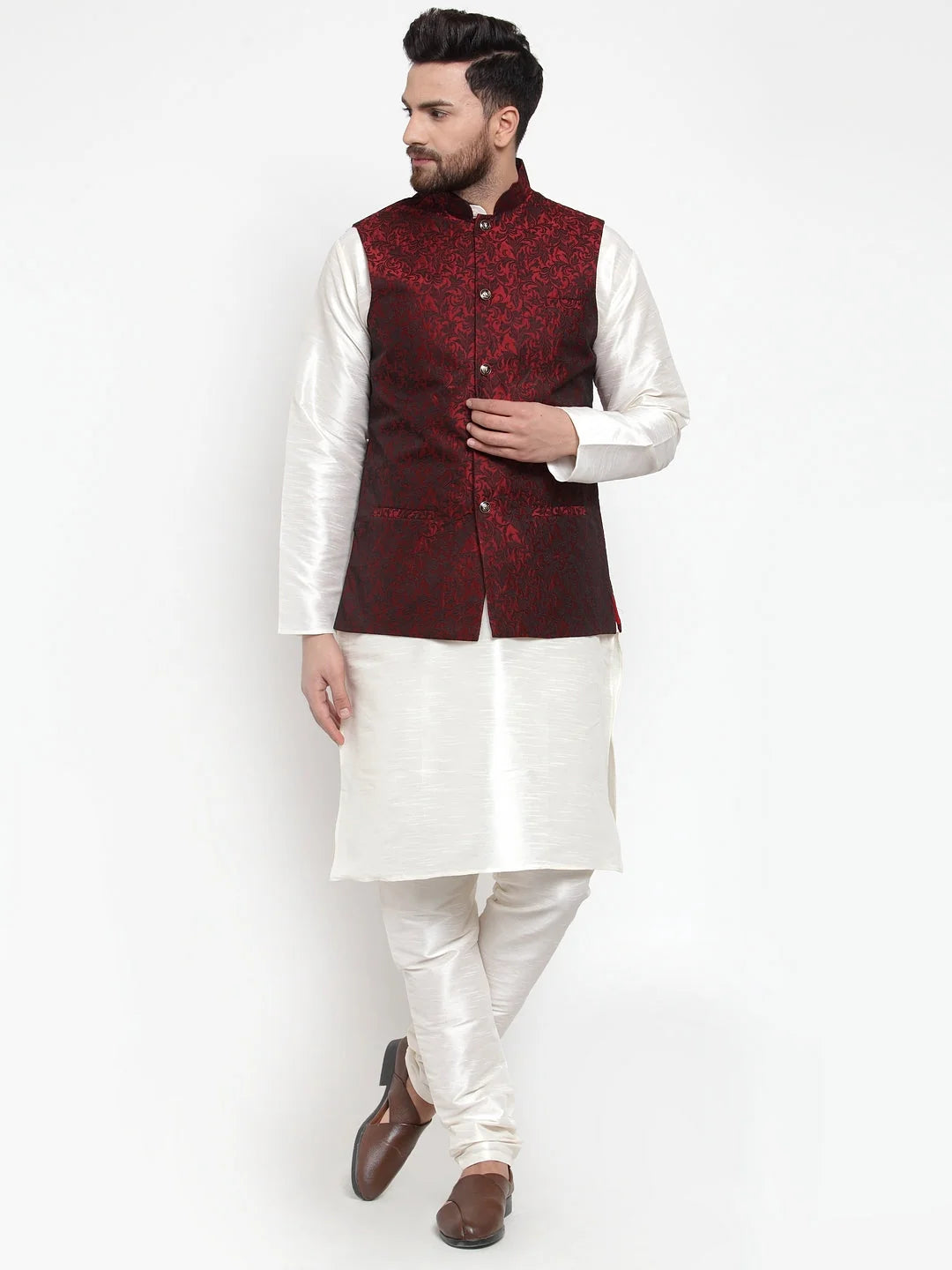Mens Kurta Pajama Set - Dupion with Maroon Jacquard Waistcoat