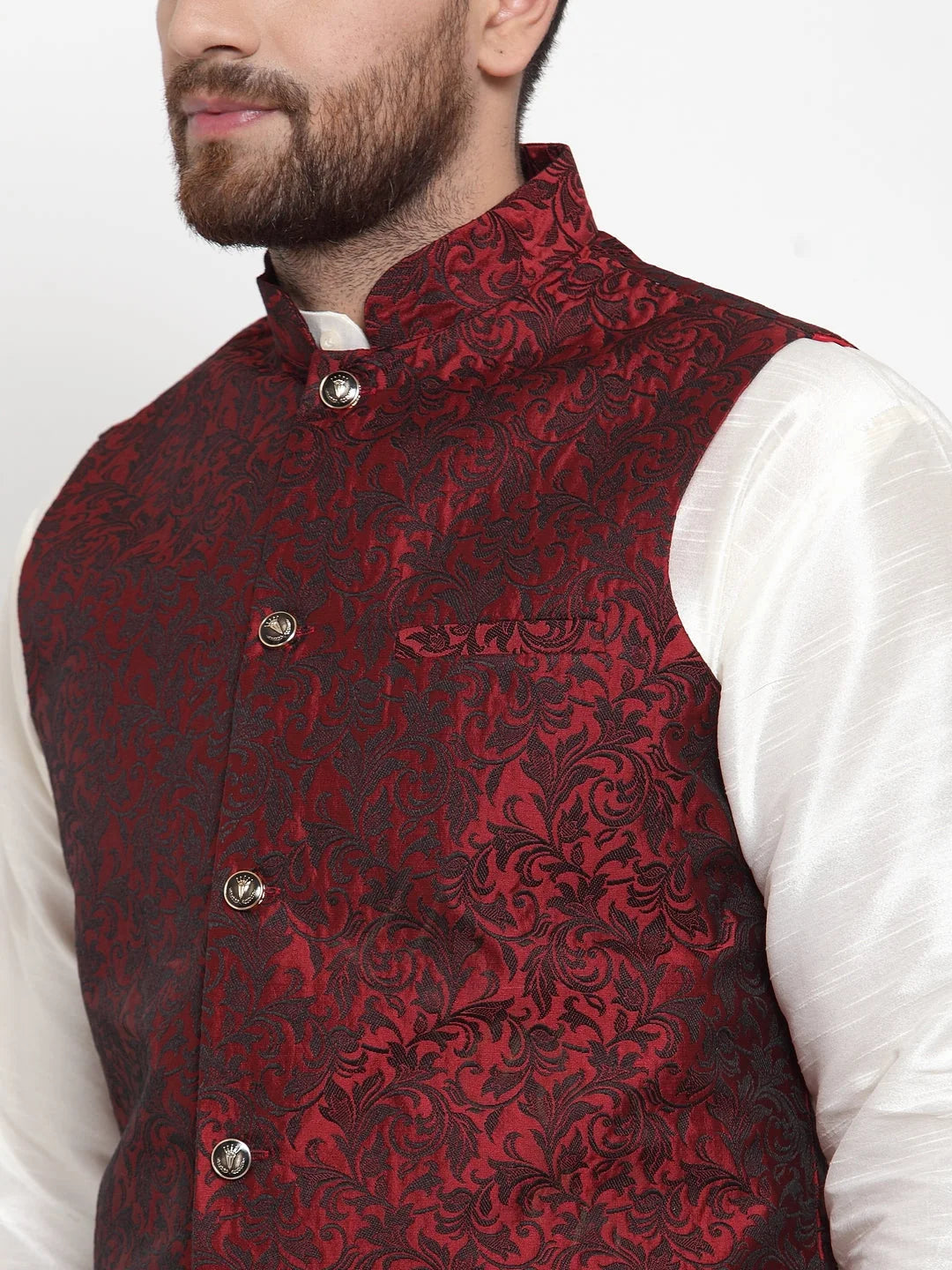 Mens Kurta Pajama Set - Dupion with Maroon Jacquard Waistcoat