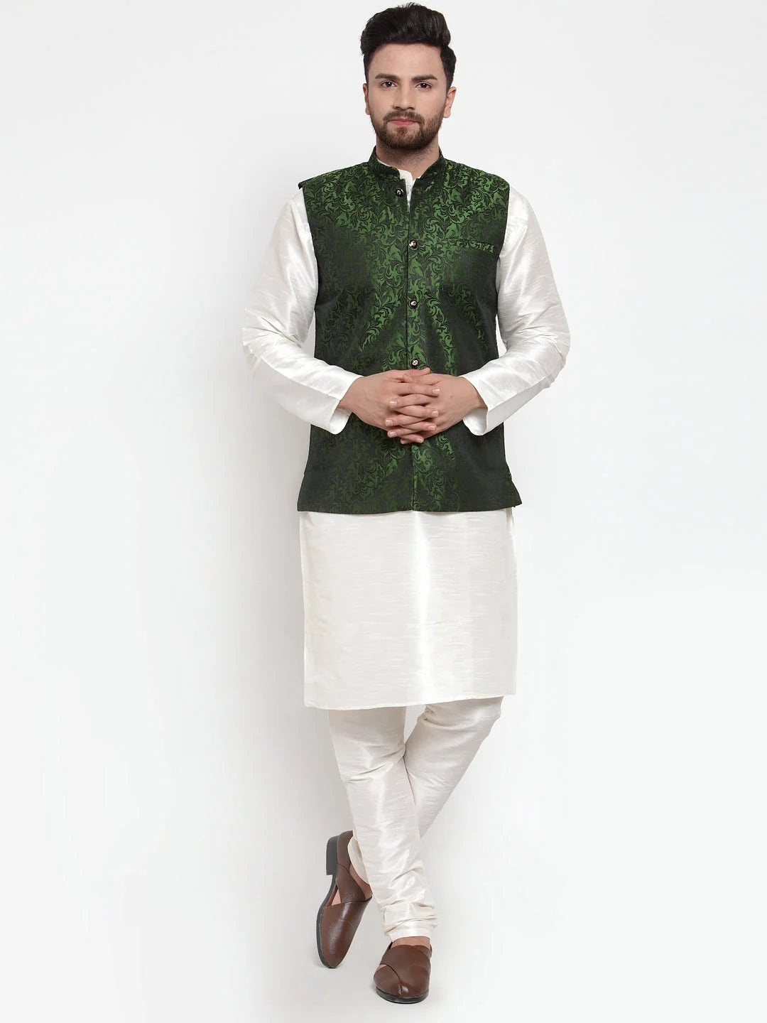 Mens Kurta Pajama Set - Dupion Silk with Jacquard Waistcoat