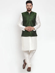 Men's Solid Dupion Kurtas Pajama with Woven Jacquard Waistcoat