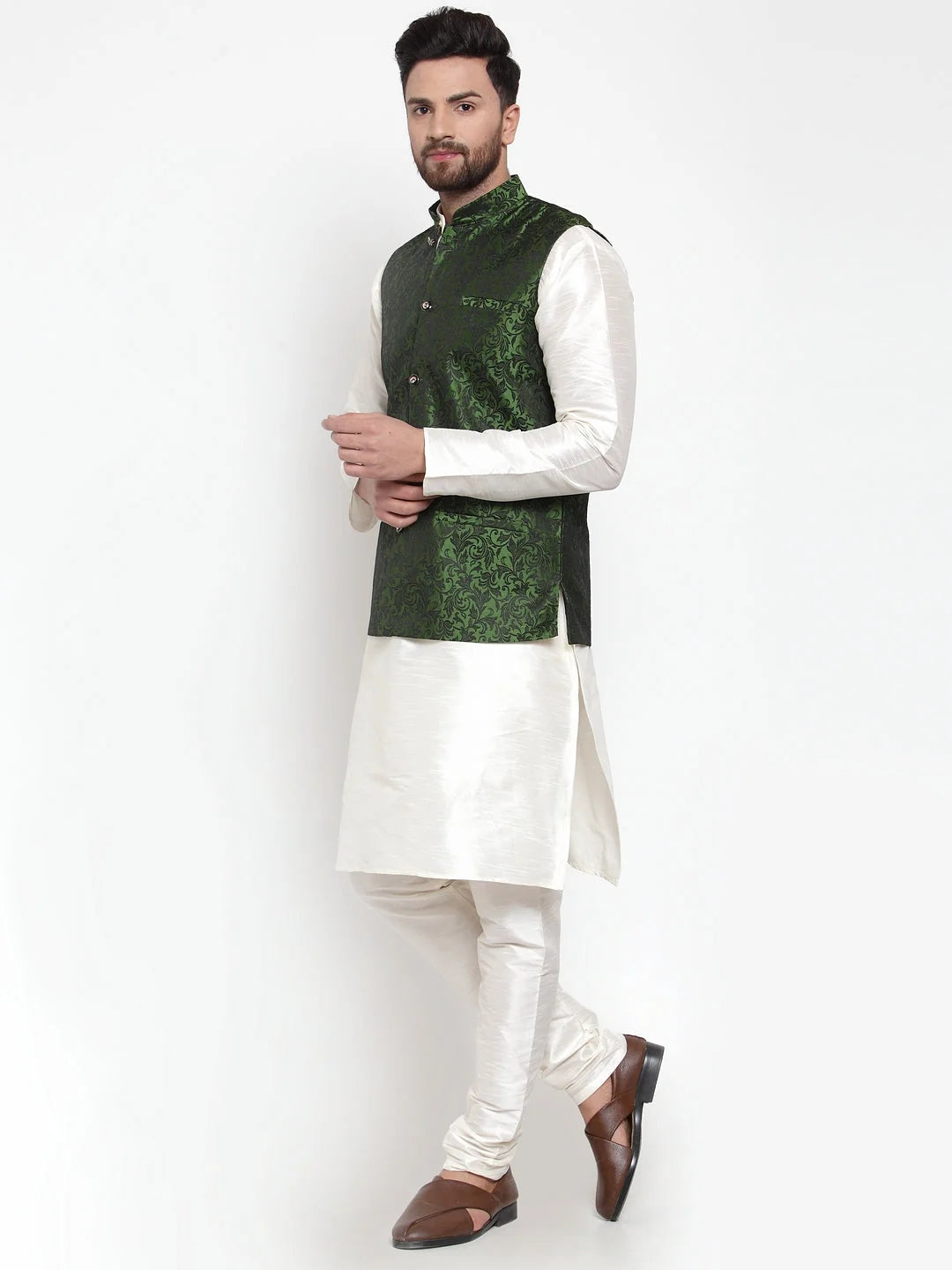 Mens Kurta Pajama Set - Dupion Silk with Jacquard Waistcoat