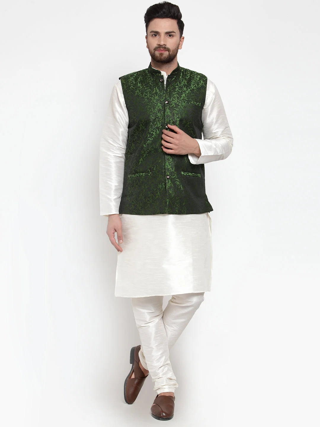 Mens Kurta Pajama Set - Dupion Silk with Jacquard Waistcoat