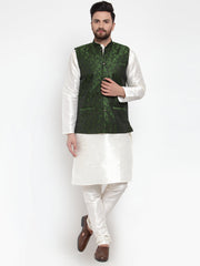 Men's Solid Dupion Kurtas Pajama with Woven Jacquard Waistcoat