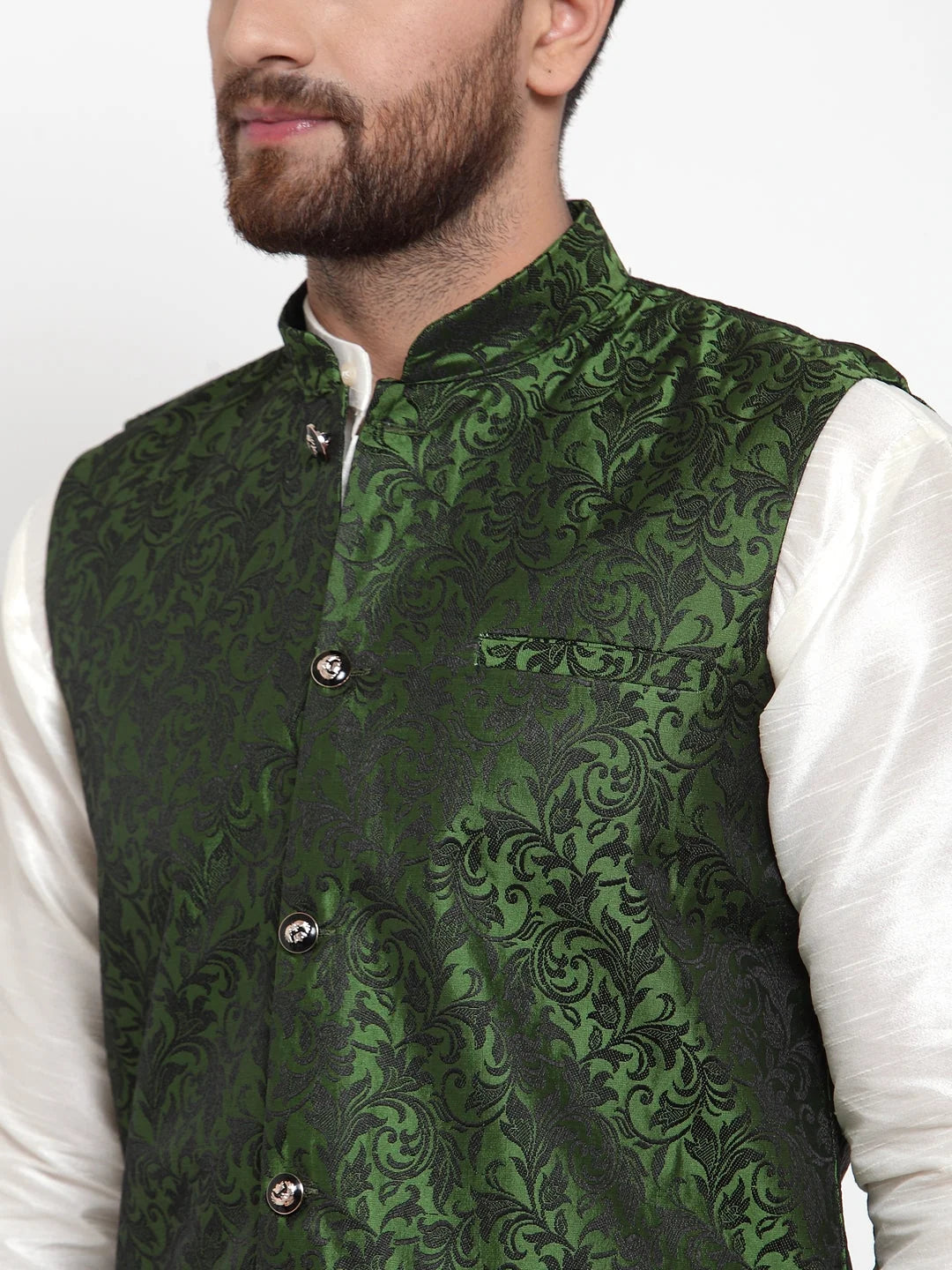 Mens Kurta Pajama Set - Dupion Silk with Jacquard Waistcoat