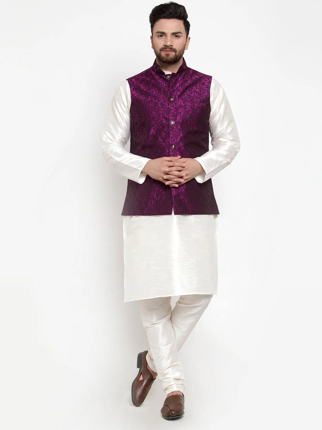 Mens Kurta Pajama Set with Purple Jacquard Waistcoat