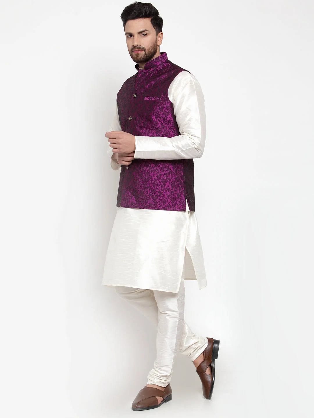 Mens Kurta Pajama Set with Purple Jacquard Waistcoat