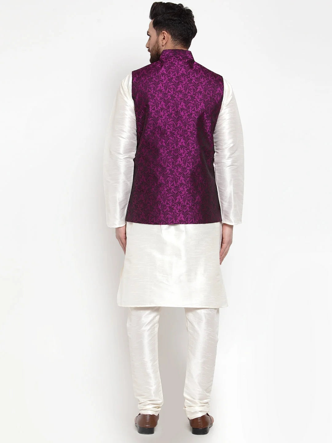 Mens Kurta Pajama Set with Purple Jacquard Waistcoat