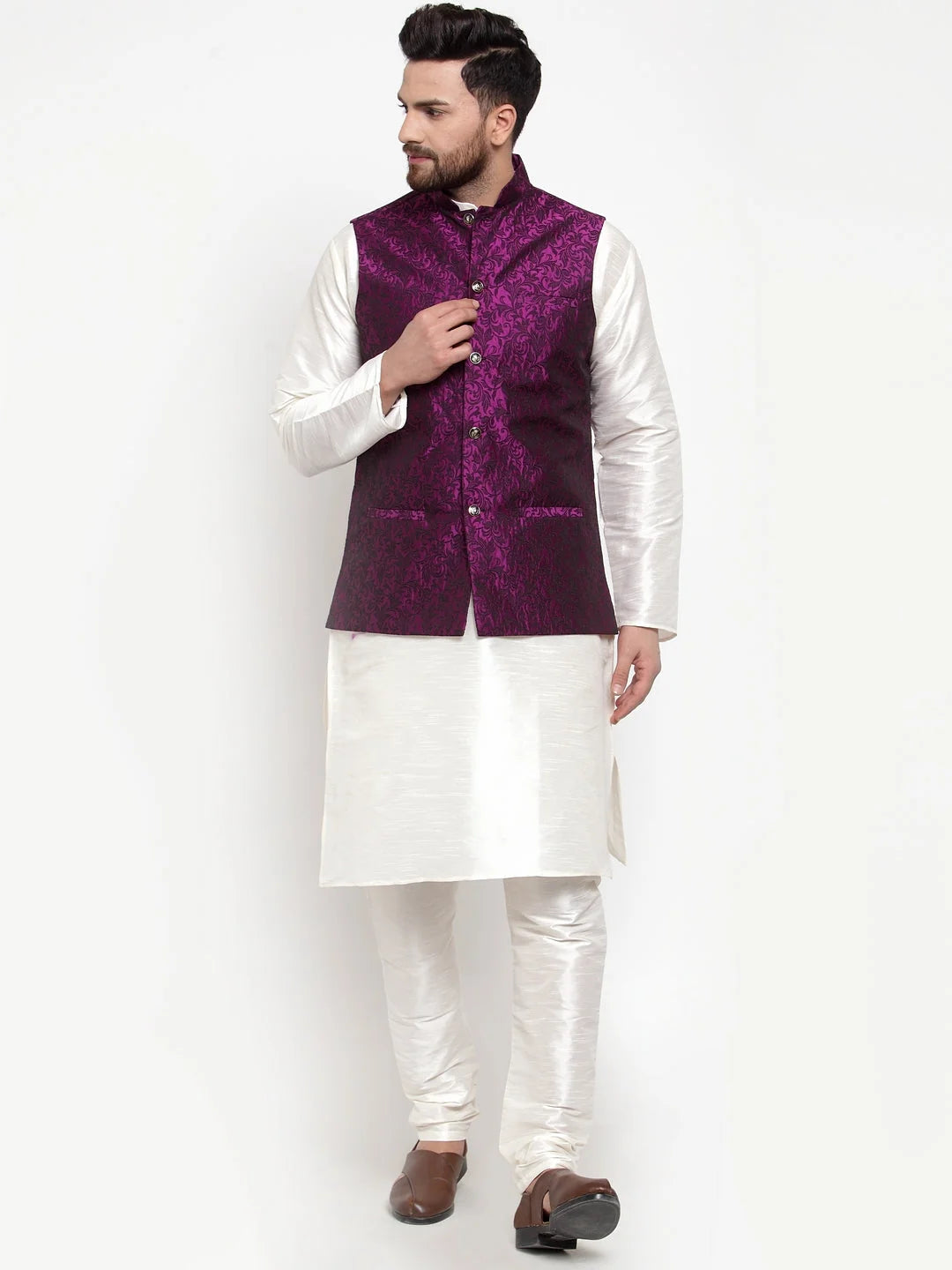 Mens Kurta Pajama Set with Purple Jacquard Waistcoat