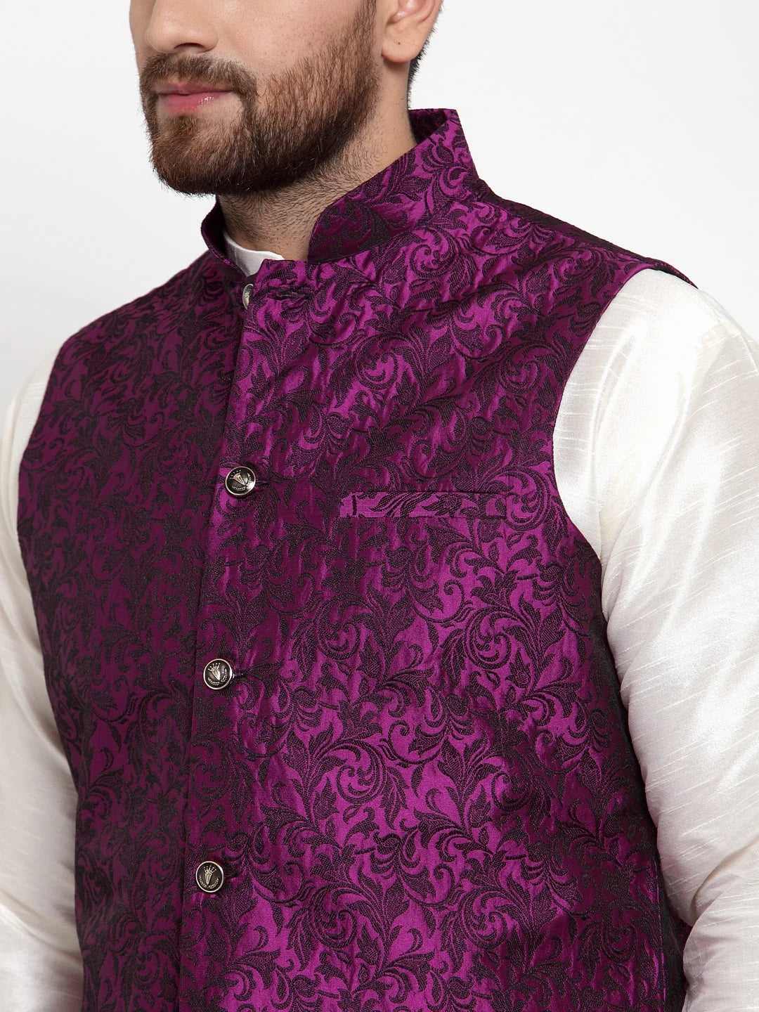 Mens Kurta Pajama Set with Purple Jacquard Waistcoat