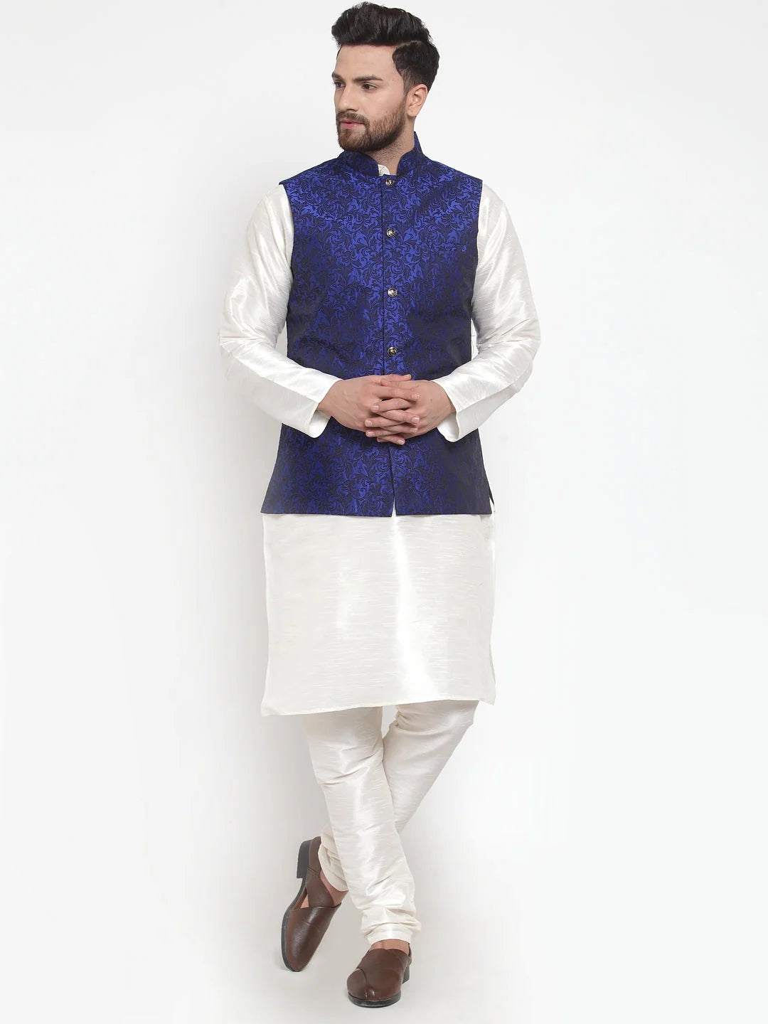 Off-White Kurta Pajama with Royal Blue Waistcoat | Ethnic Style
