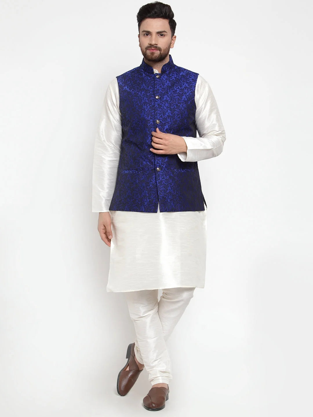 Off-White Kurta Pajama with Royal Blue Waistcoat | Ethnic Style