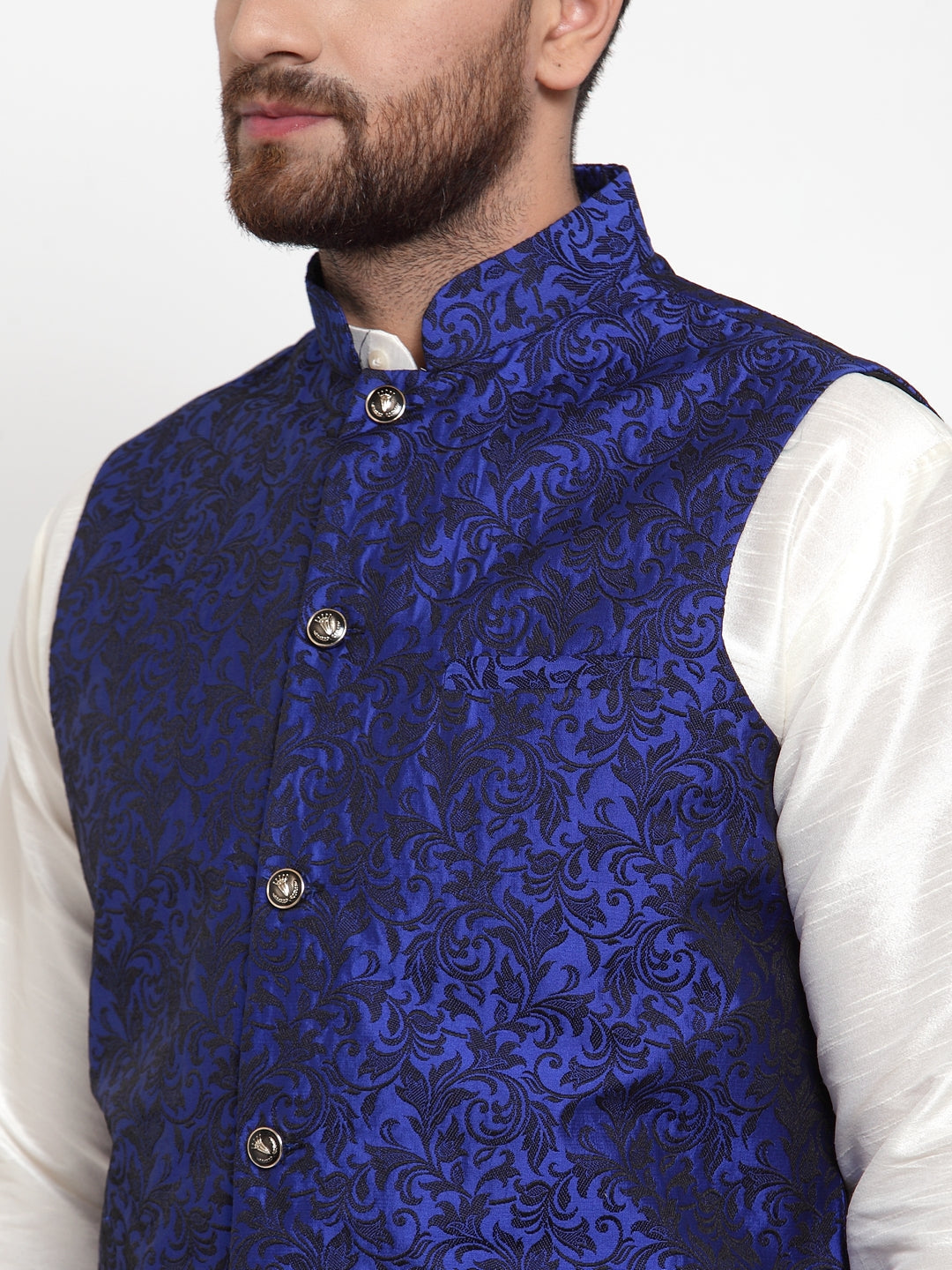 Off-White Kurta Pajama with Royal Blue Waistcoat | Ethnic Style