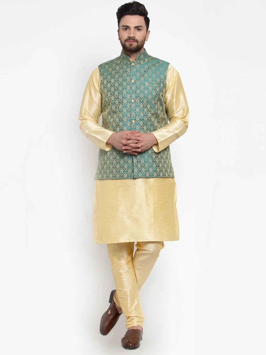 Men's Golden Kurta Pajama with Green Jacquard Waistcoat