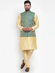 Men's Solid Dupions Kurta Pajama with Woven Jacquard Waistcoat