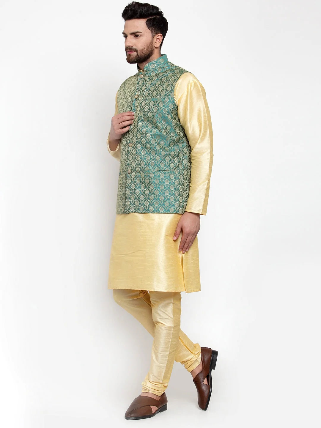 Men's Golden Kurta Pajama with Green Jacquard Waistcoat