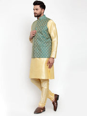 Men's Solid Dupions Kurta Pajama with Woven Jacquard Waistcoat