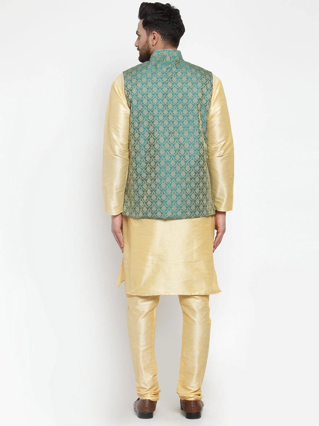 Men's Golden Kurta Pajama with Green Jacquard Waistcoat