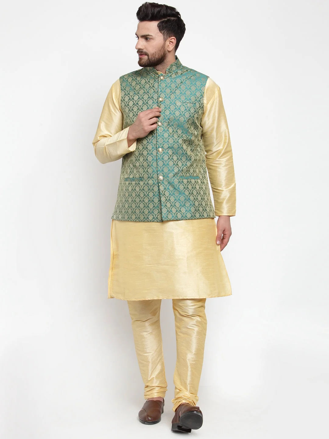 Men's Golden Kurta Pajama with Green Jacquard Waistcoat