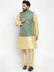 Men's Solid Dupions Kurta Pajama with Woven Jacquard Waistcoat