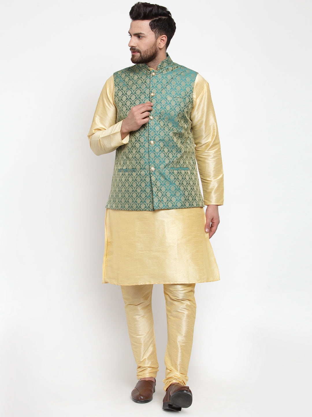 Men's Golden Kurta Pajama with Green Jacquard Waistcoat