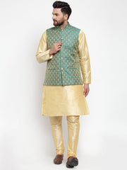 Men's Solid Dupions Kurta Pajama with Woven Jacquard Waistcoat