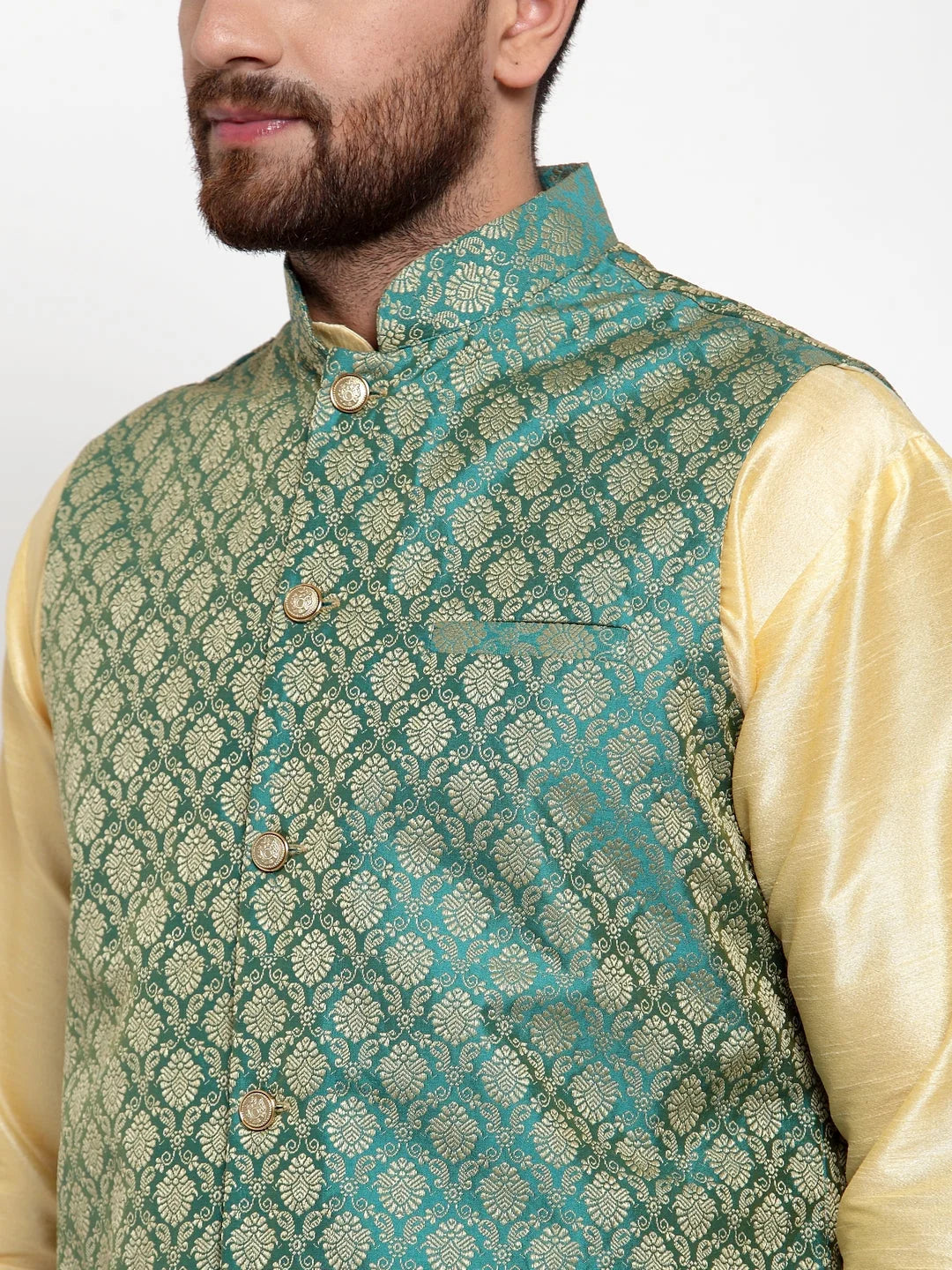 Men's Golden Kurta Pajama with Green Jacquard Waistcoat