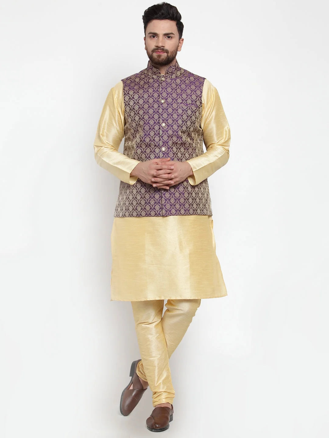 Men's Dupion Kurta Pajama with Woven Jacquard Waistcoat