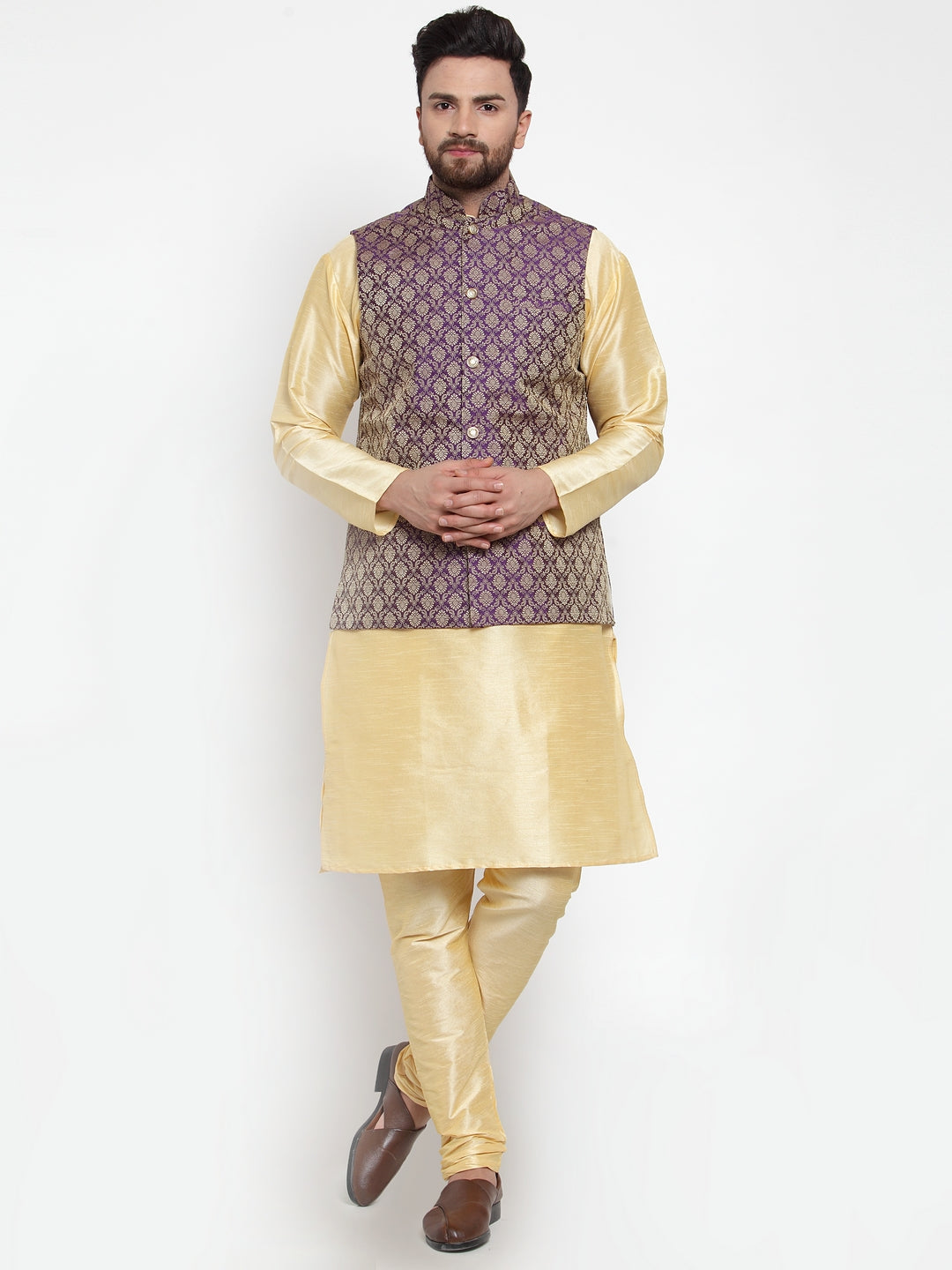 Men's Dupion Kurta Pajama with Woven Jacquard Waistcoat