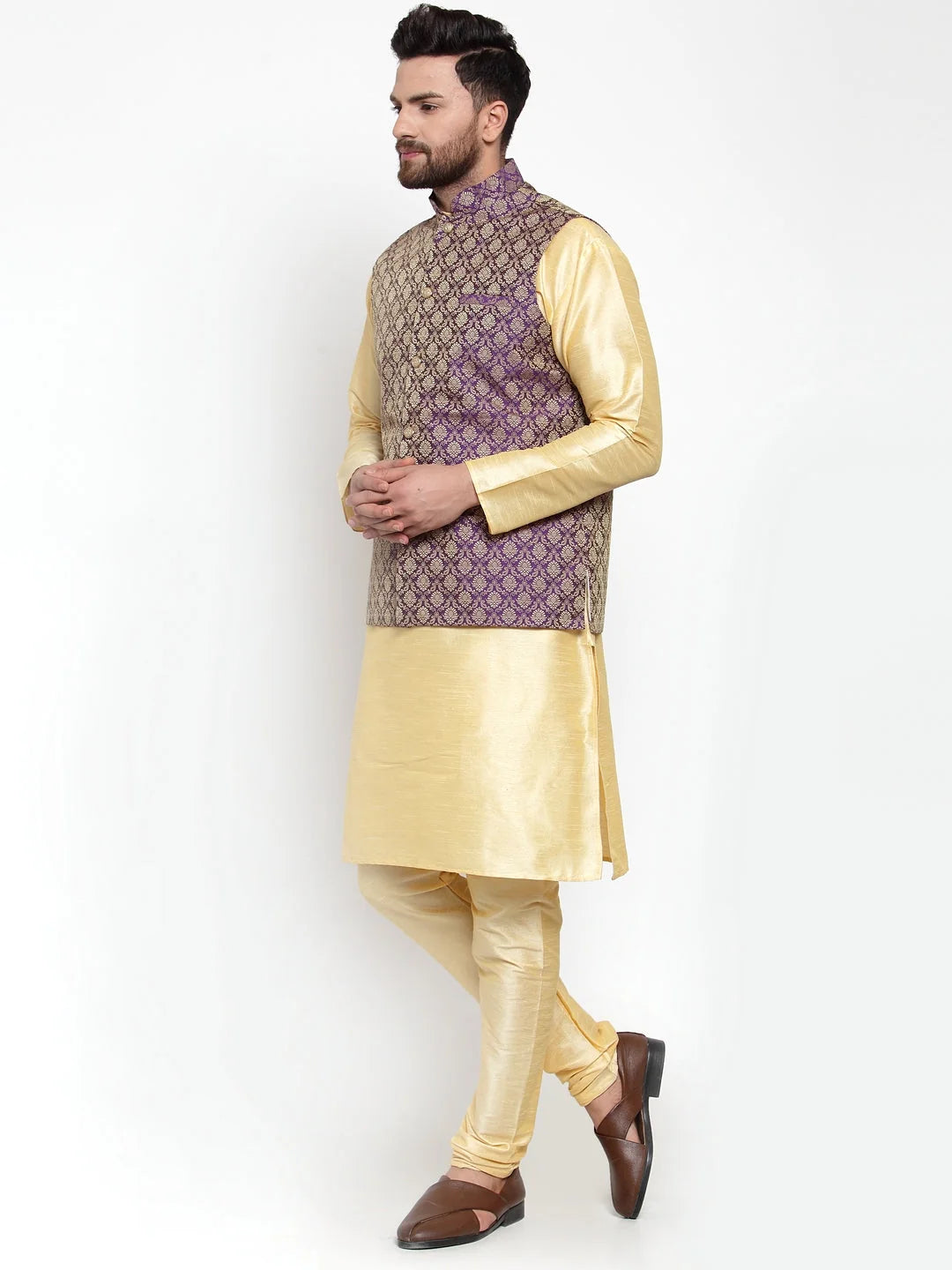 Golden Kurta Pajama Set with Jacquard Waistcoat | Ethnic Style