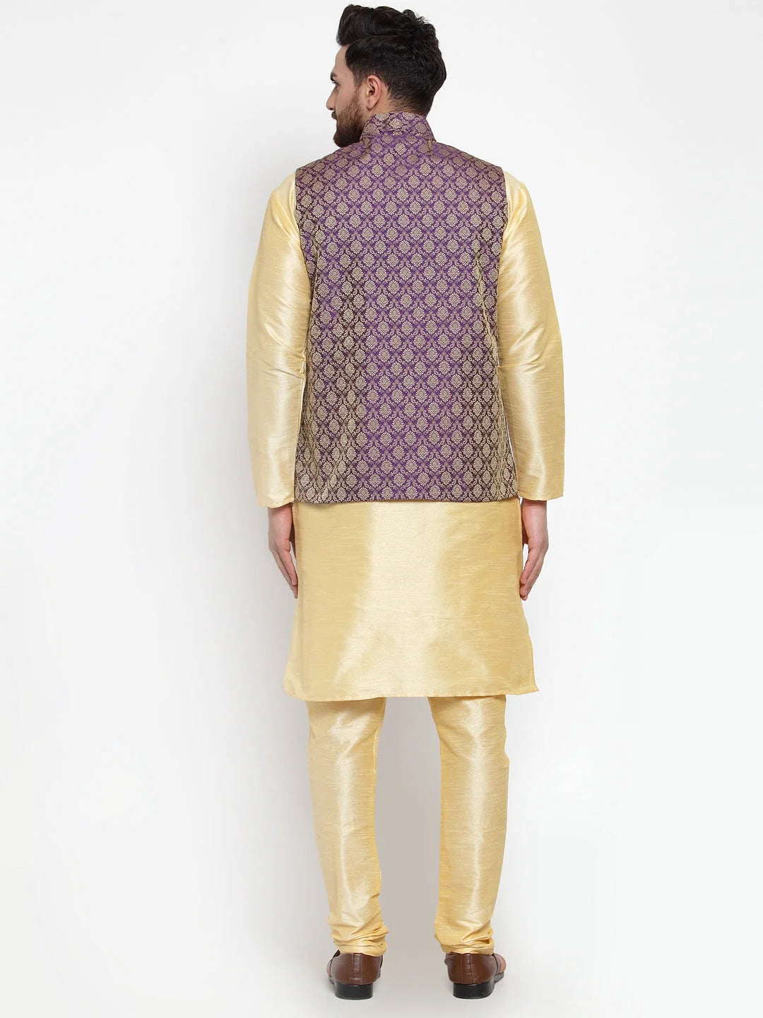 Golden Kurta Pajama Set with Jacquard Waistcoat | Ethnic Style