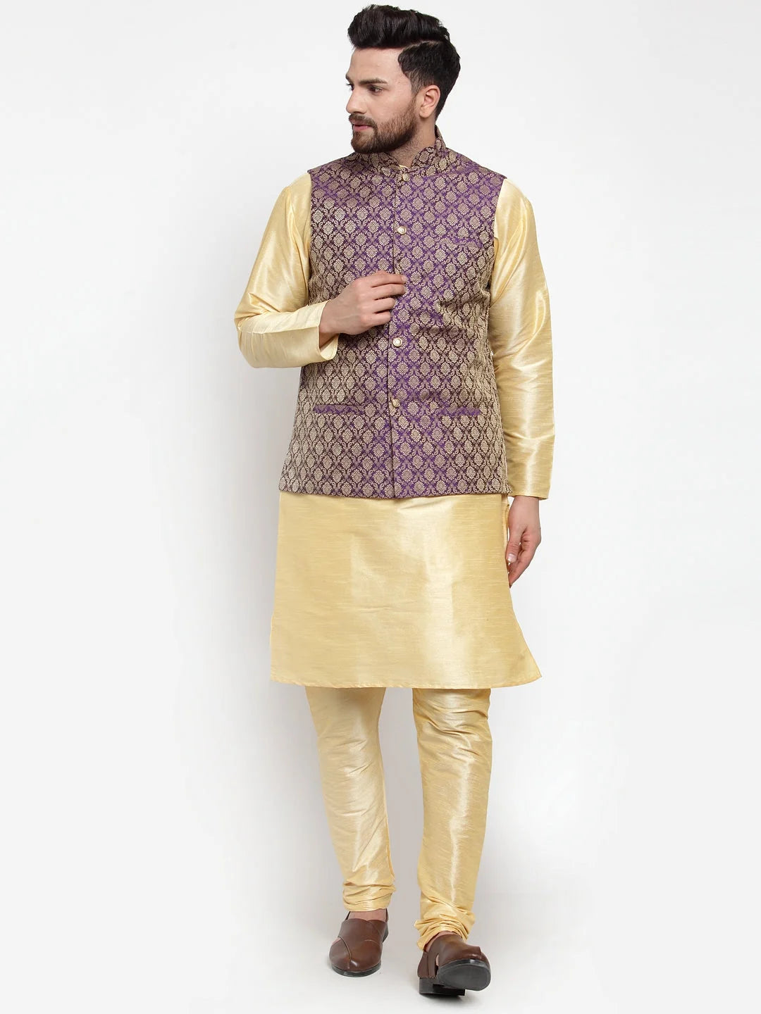 Golden Kurta Pajama Set with Jacquard Waistcoat | Ethnic Style