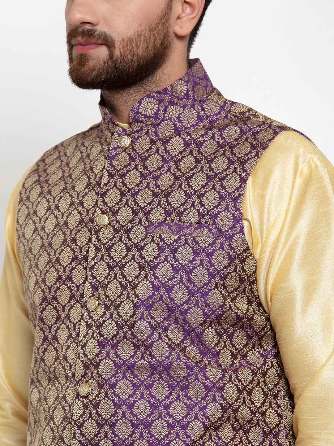 Golden Kurta Pajama Set with Jacquard Waistcoat | Ethnic Style