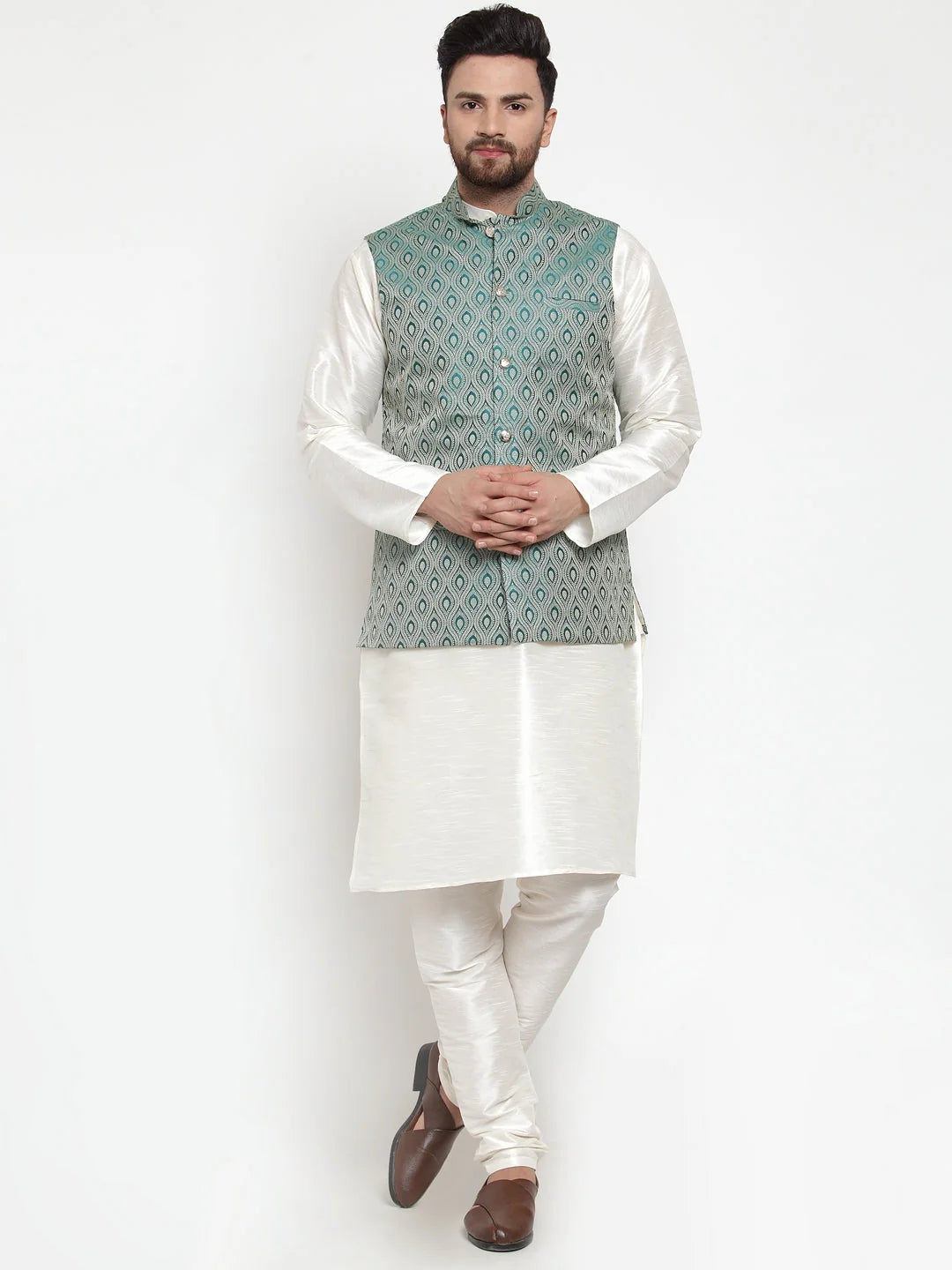 Men's Solid Dupion Kurta Pajama with Woven Jacquard Waistcoat Style