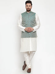 Men's Solid Dupion Kurta Pajama with Woven Jacquard Waistcoat Style