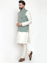 Men's Solid Dupion Kurta Pajama with Woven Jacquard Waistcoat Style