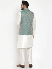 Men's Solid Dupion Kurta Pajama with Woven Jacquard Waistcoat Style