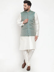 Men's Solid Dupion Kurta Pajama with Woven Jacquard Waistcoat Style