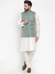 Men's Solid Dupion Kurta Pajama with Woven Jacquard Waistcoat Style