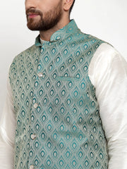 Men's Solid Dupion Kurta Pajama with Woven Jacquard Waistcoat Style