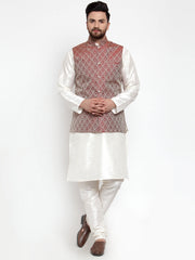 Men's Solid Dupion Kurta Pajama with Woven Jacquard Waistcoat